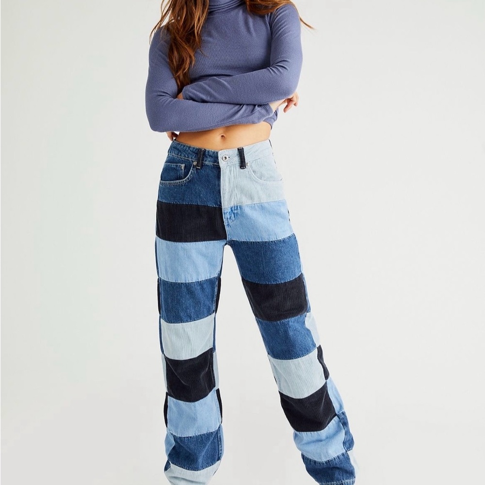 Free People Multi-Blue Patchwork Straight Leg Jea… - image 1